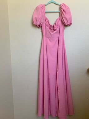 SHEIN Pink Puff-Sleeve Maxi Dress with Ruched Sweetheart